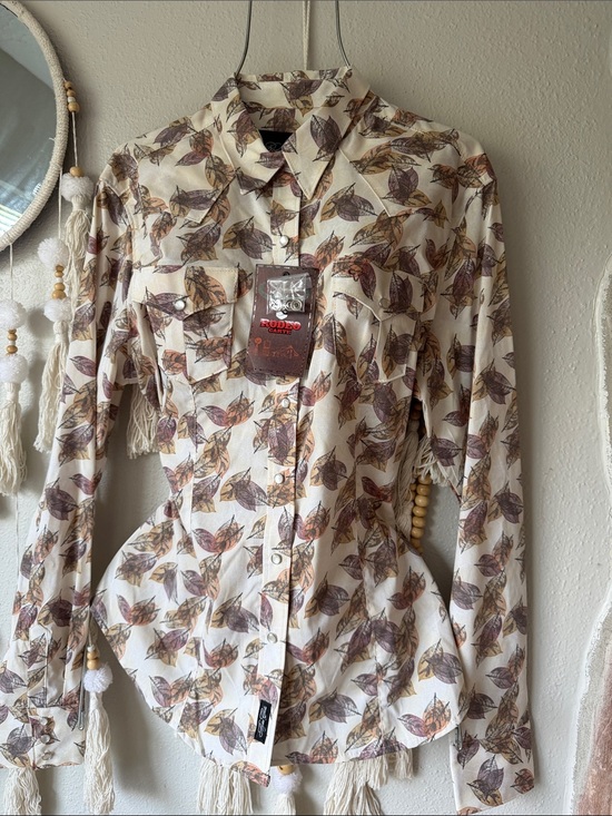 Rodeo carte Tops - Rodeo Western Leaf Print Button-Down Shirt - Cream/Brown